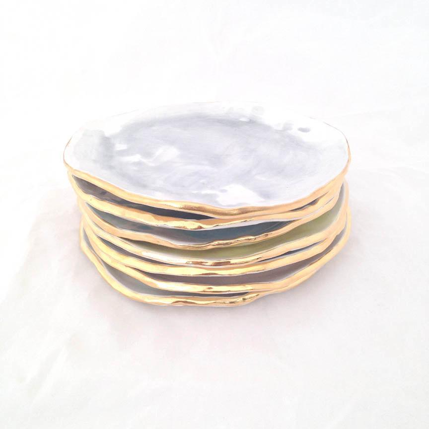 Wedding - Handmade ceramic breakfast appetizer plate in white with a wash of watercolor glaze adorned with 22K gold edges