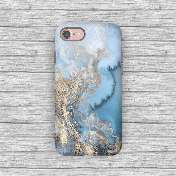 Mariage - Blue Gold Wave Marble Iphone 7, Iphone 7 Plus, Iphone 6, Iphone 5, Samsung Galaxy S7, Edge, S6, S6, S4, Google Pixel Phone Slim Tough Case