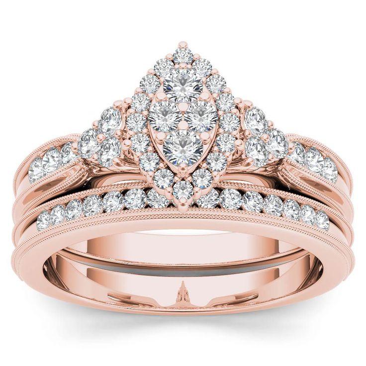 Hochzeit - De Couer 10k Rose Gold 1/2ct TDW Diamond Marquise-Framed Halo Engagement Ring Set (H-I, I2) By De Couer