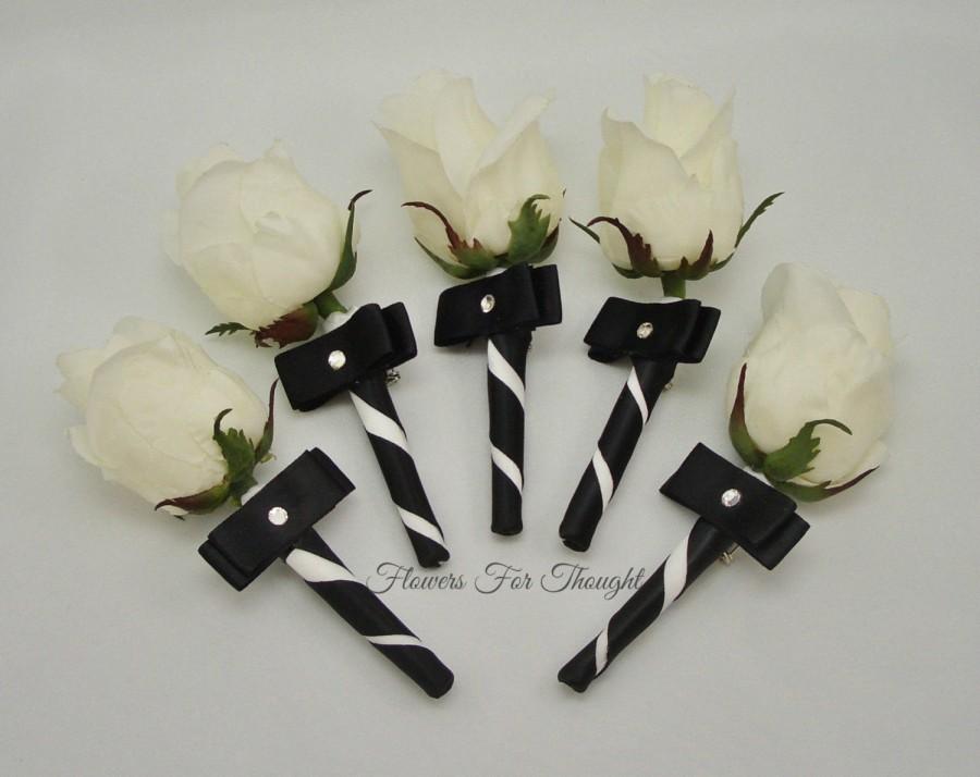 Wedding - White Rose Boutonniere, Rosebud Buttonhole Flower, Black and White, 1 Mens Lapel Pin
