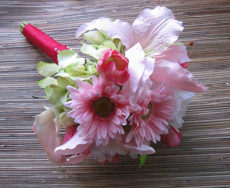 Wedding - Silk Bridal Bouquet, Wedding Flowers, Pink Daisy, Lily, Green Hydrangea, Calla Lily, Tulips, Wedding Accessory, Spring/Summer Trends