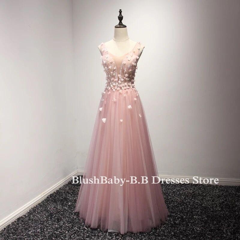 زفاف - Pink Evening Dress Deep V-neck Prom Party Dress 2017 Formal Evening Gown Women Fashion Flowers Dress Girls' Prom Party Dress Wedding Dress