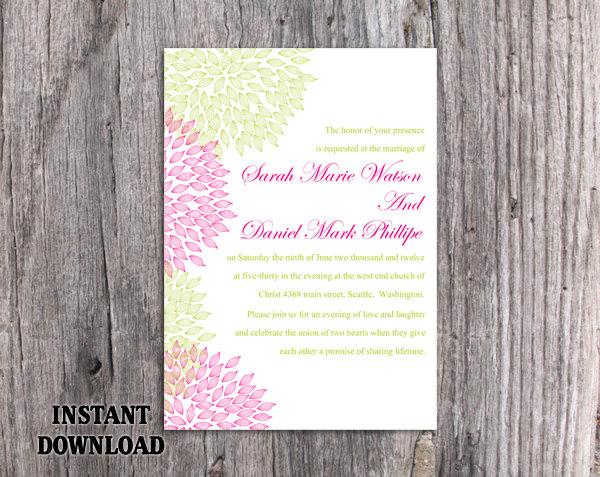 Hochzeit - Wedding Invitation Template Download Printable Wedding Invitation Editable Hot Pink Invitation Floral Invitation Green Invitation Invite DIY - $6.90 USD