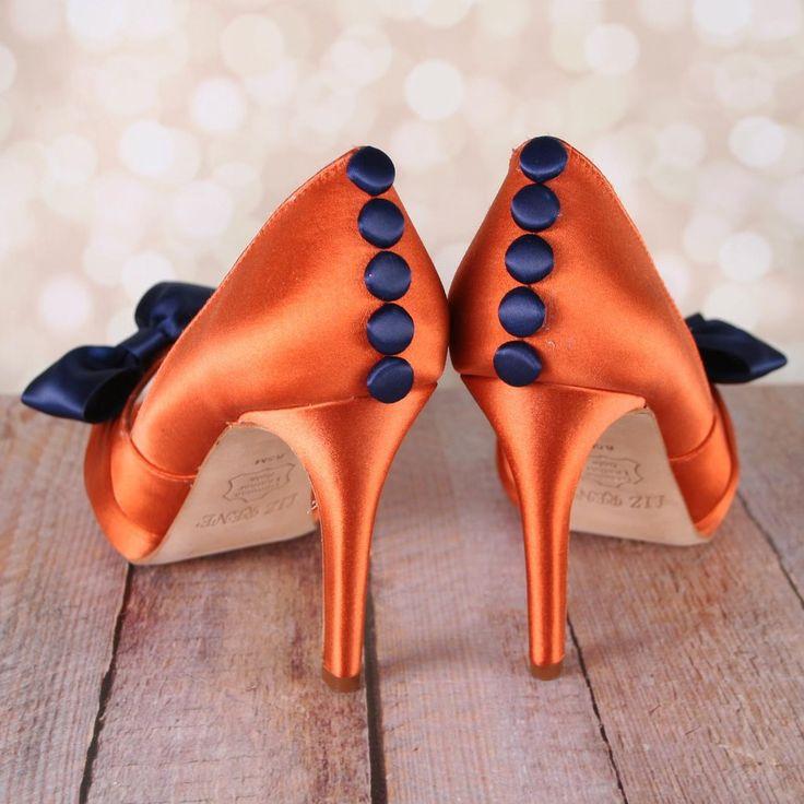 Hochzeit - Burnt Orange Wedding Shoes With Navy Blue Bow And Matching Buttons