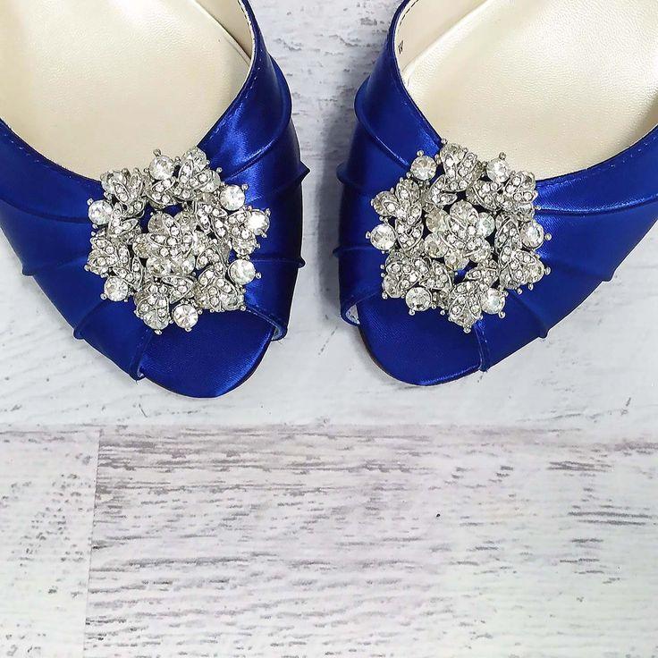 زفاف - Royal Blue Kitten Heel Peep Toe Wedding Shoes With Classic Cluster