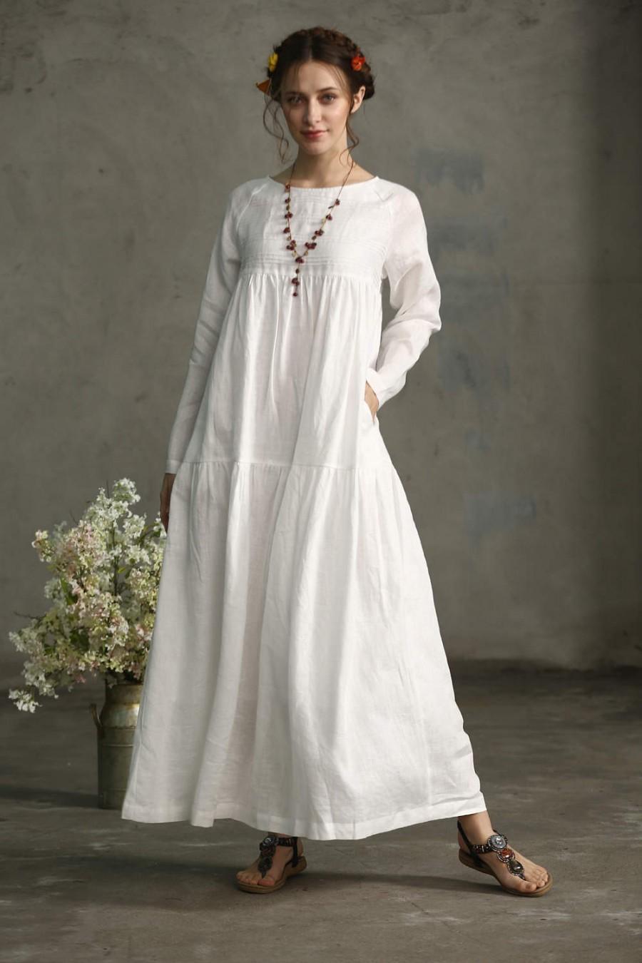 Hochzeit - White Dress , maxi linen dress, DROP SHOULDER sleeve dress, Wedding maxi linen dress, white linen kaftan, oversized dress, loose fitting