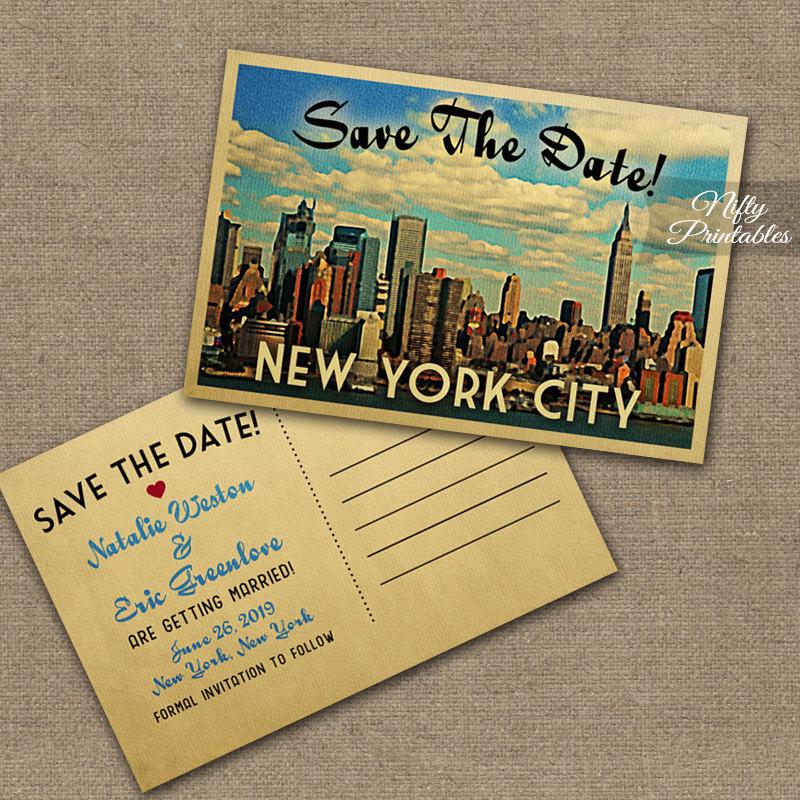 Свадьба - New York Save The Date Postcards - Printable New York City Skyline Postcard - Retro NYC Save The Date Cards VTW