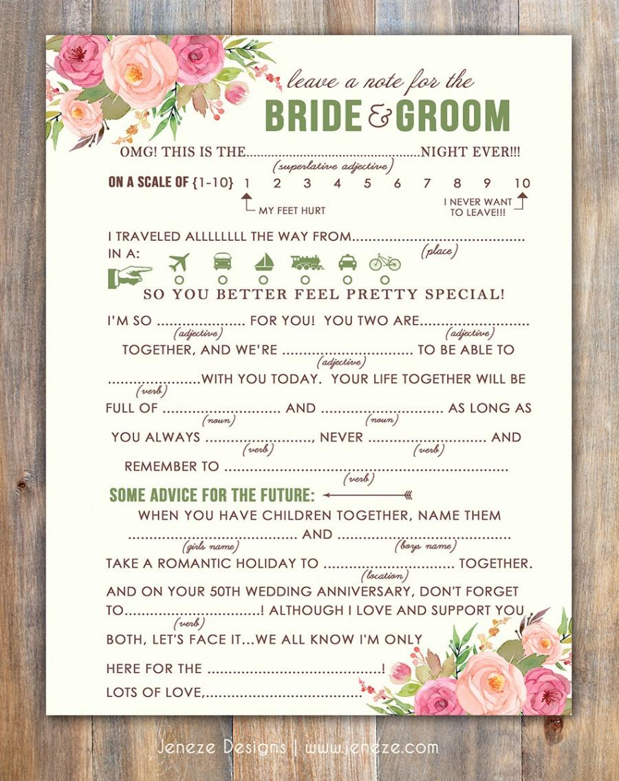 Свадьба - Spring Wedding Mad Libs Advice Card - Printable Design - Instant Download
