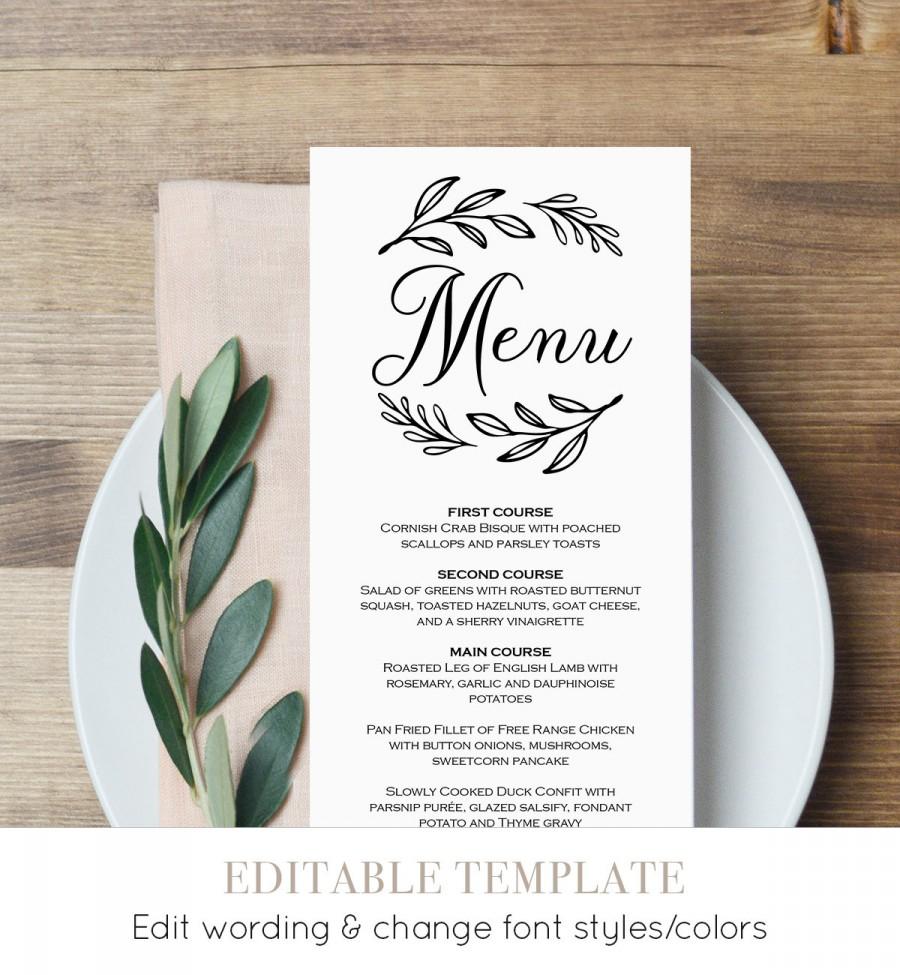 زفاف - Menu Card Template, Printable Wedding Menu, Dinner Menu, Editable Template, Instant Download, Rustic Wedding, Laurels Wreath, PDF #027-117WM