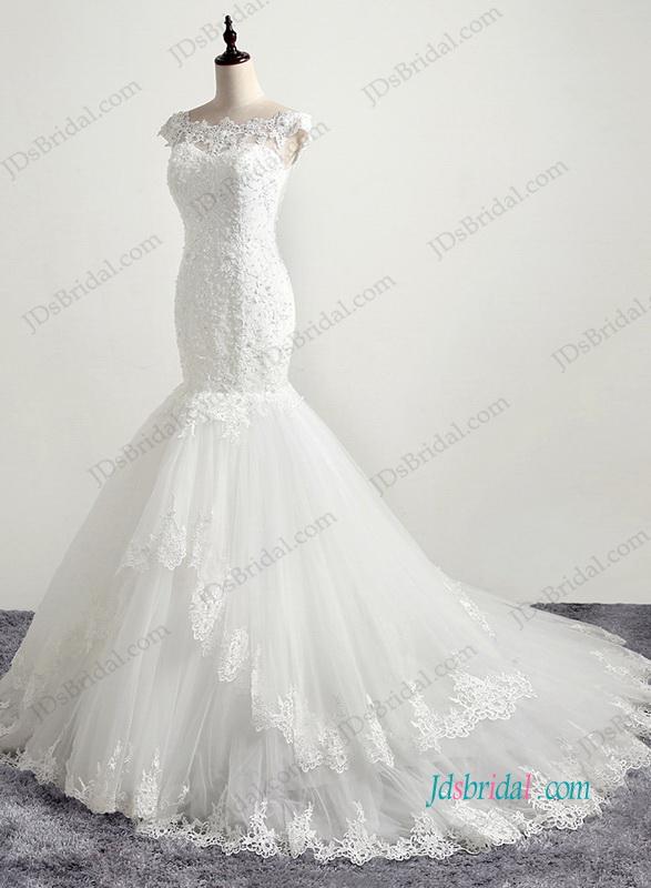 Свадьба - H1195 Romantic illusion lace back tiered mermaid wedding dress
