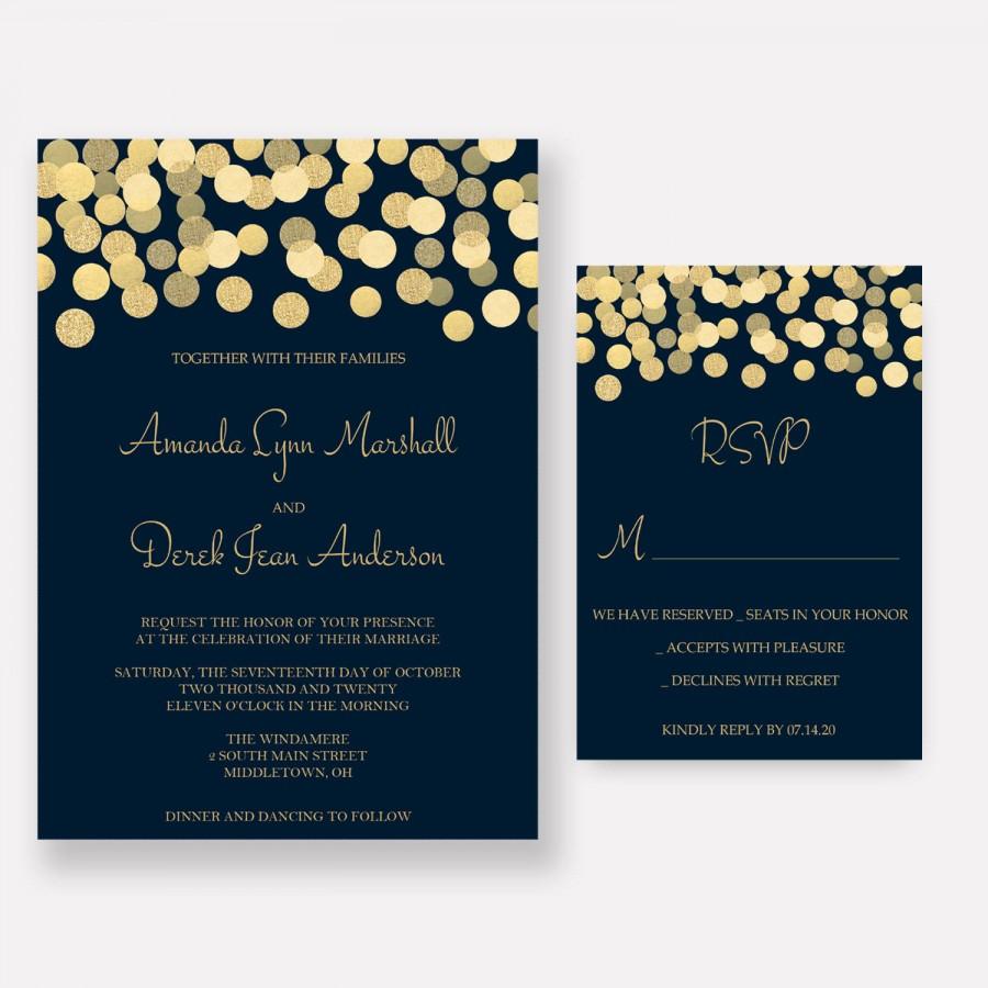 Свадьба - Navy and Gold Wedding Invitations, Gold Glitter Confetti Invites, Wedding Invitation Set - DEPOSIT