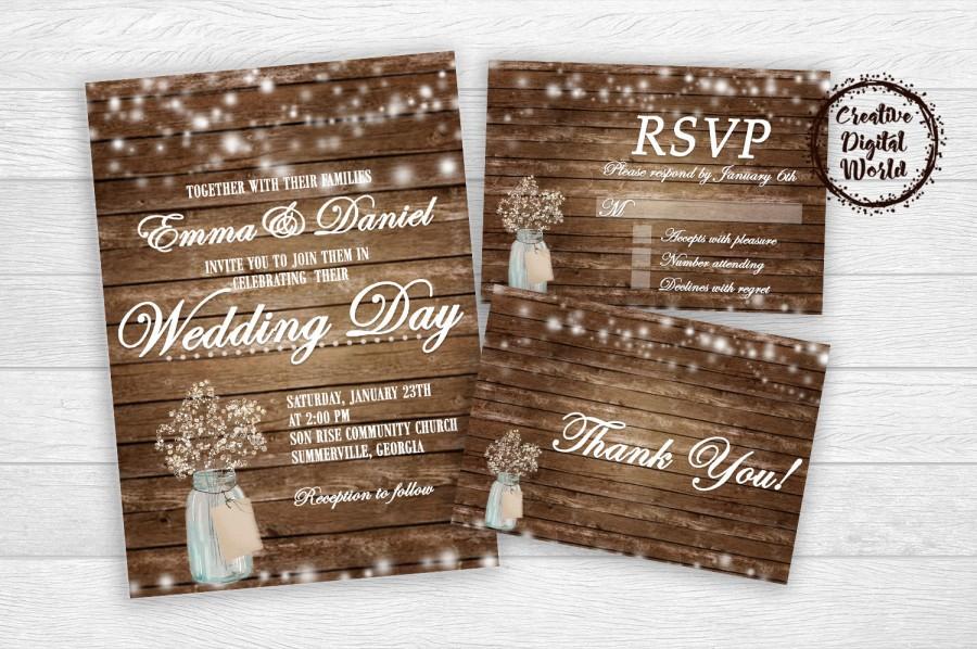 Свадьба - Rustic Wedding Set Invitation Thank You Card RSVP Printable String Lights Baby's Breath White Flowers Mason Jar Digital File Country Invite