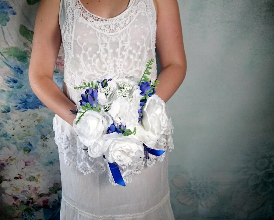 Mariage - READY to SHIP white silk hydrangea rose royal blue freesia wedding BOUQUET flowers satin ribbon bridesmaid best quality winter summer spring