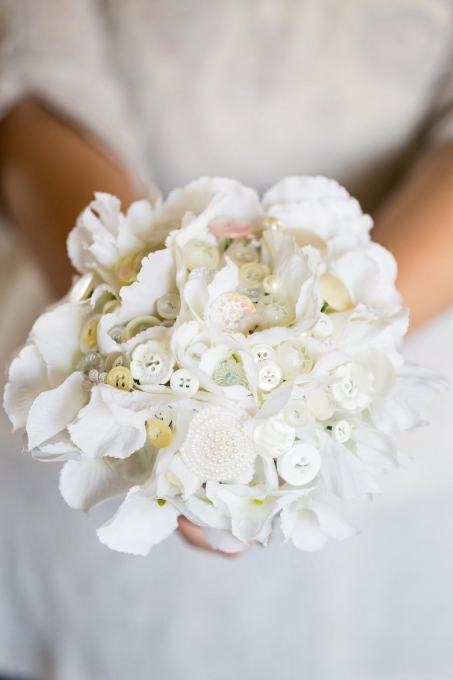 Wedding - White flower and button bouquet, bride, bridesmaids or flower girls