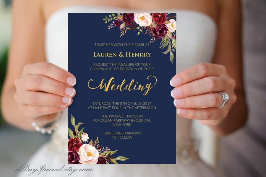 Navy Wedding Template, Burgundy Boho Chic Floral