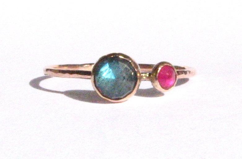 Wedding - Rose Cut Labradorite & Ruby Ring - Solid Rose Gold Ring - Engagement Ring -Thin Gold Ring -Stackable Ring - 2 Stones Ring -Labradorite Ring.