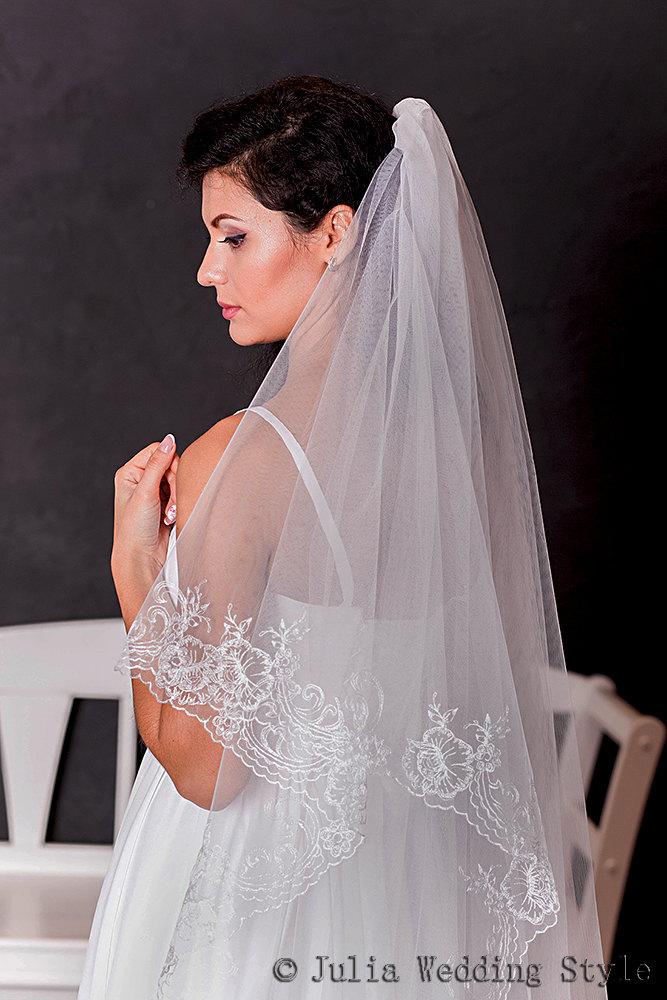 زفاف - waltz length,lace veil,embroidered veil,length veil,layered wedding veil,bridal veil,Couture wedding veil,two tier veil,white veil,long veil