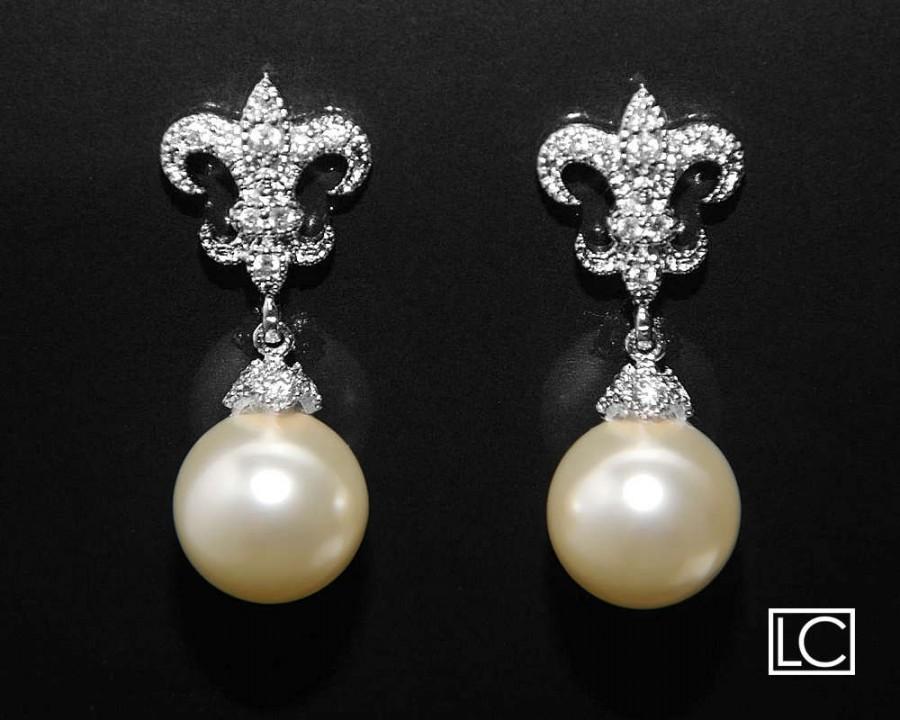Hochzeit - Fleur de lis Pearl Bridal Earrings Swarovski 10mm Ivory Pearl Wedding Earrings Pearl Drop CZ Silver Earrings Bridesmaid Jewelry Prom Earring - $27.00 USD