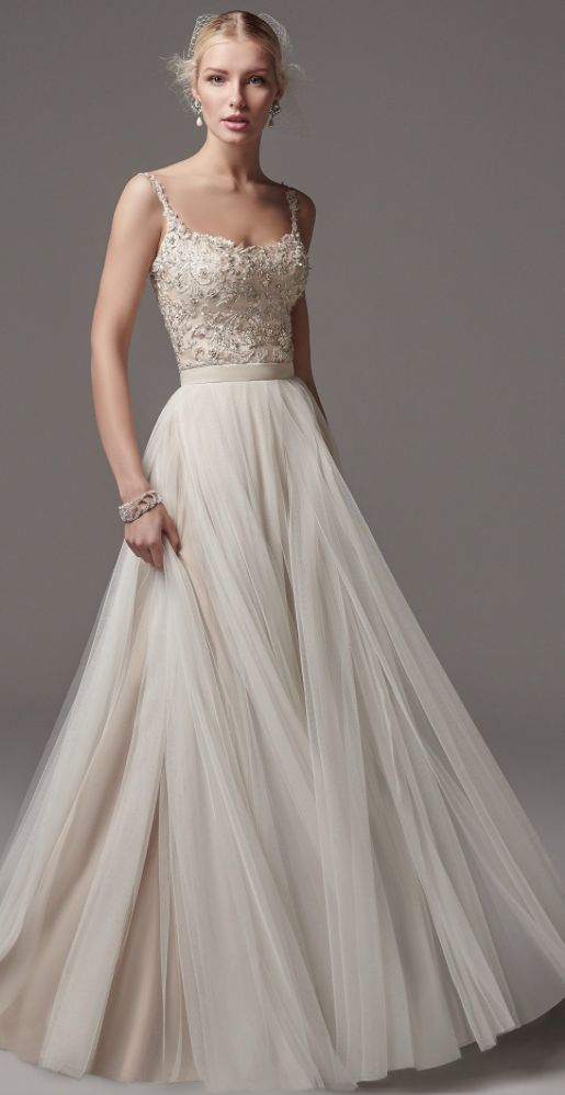 Hochzeit - Spaghetti Strap Bead Embellished Bodice Tulle Skirt Wedding Dress