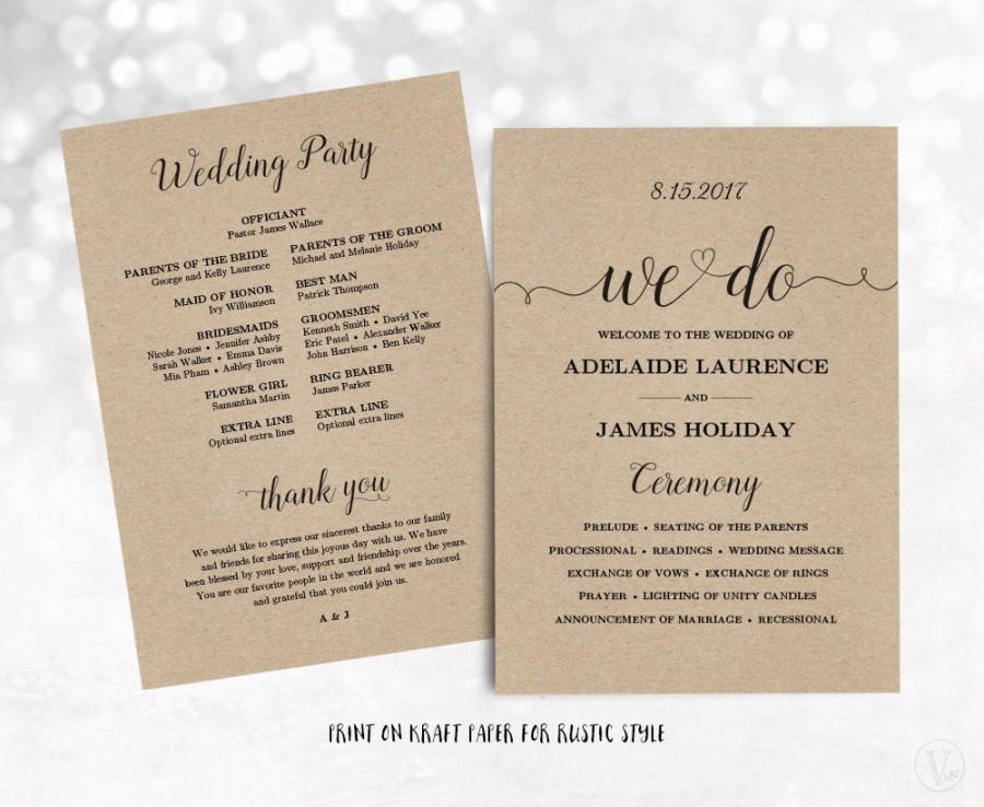 Wedding - Printable Wedding Program, Wedding Program Template, Kraft Paper Program, DIY Program, INSTANT DOWNLOAD, Editable Text, We Do VW02