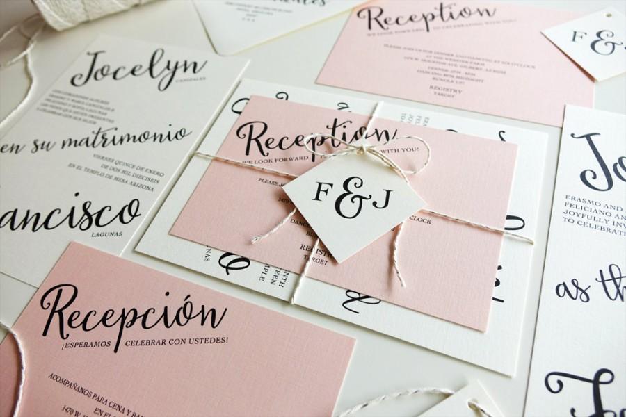 زفاف - Light Pink Wedding Invitations with Ivory Paper, Silver and Ivory Twine, Spanish, English Blush Pink Wedding Invitation Printable Set Modern