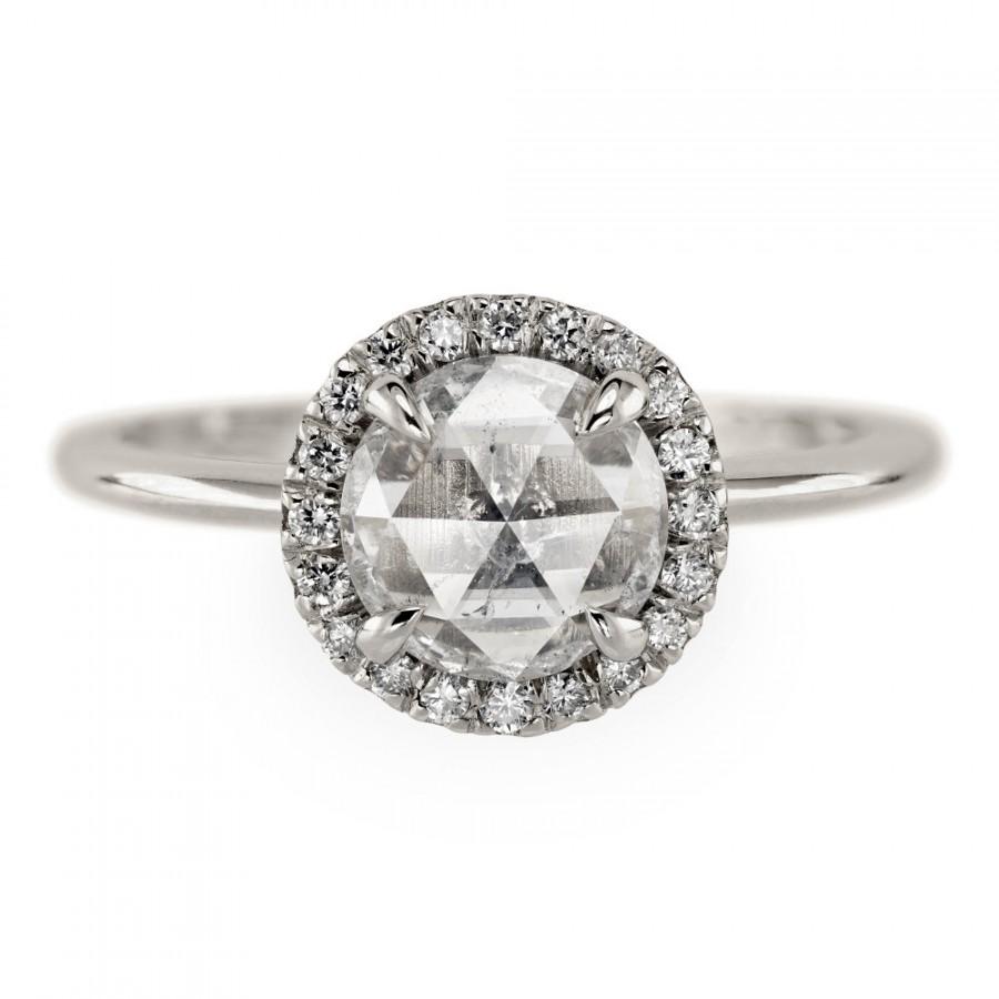 Wedding - Clear Round .97 Carat Rose Cut Halo Diamond Ring, 14k White Gold
