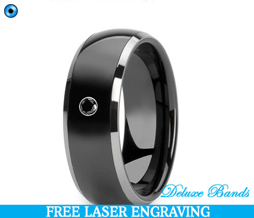 Hochzeit - Black Diamond Tungsten Ring 8mm Domed Polished Black Silver Edges Comfort Fit Diamond Anniversary Ring For Him Black Engagement Ring For Her