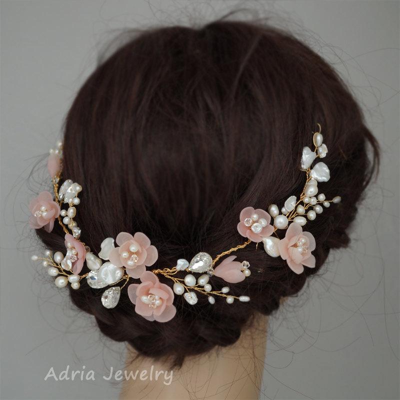 زفاف - Bridal Hair Wreath Blush Pink Wedding Hair Vines Flower Bridal Hair Pieces with Pearls and Crystals Cherry Blossom Head Pieces