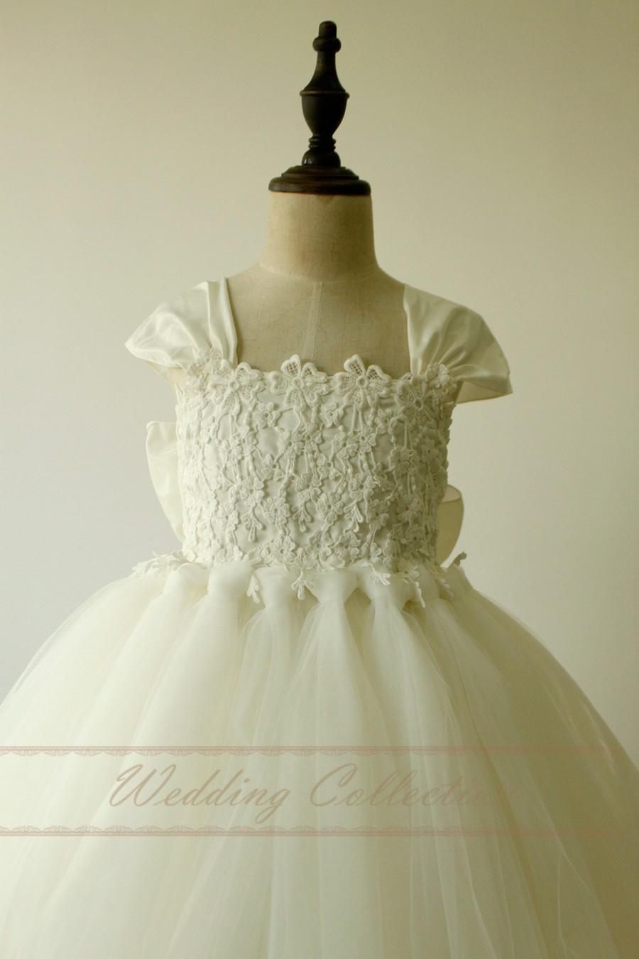 Hochzeit - Flower Girl Dress Cap Sleeves Tulle Ball Gown Knee Length with Big Bow