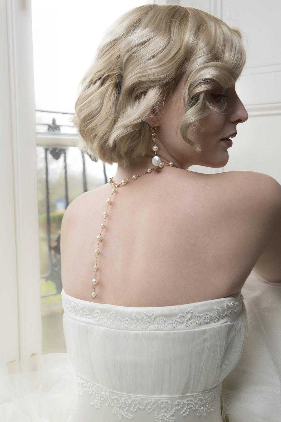 زفاف - Pearl back drop bridal necklace, gold back drop necklace, bridal backdrop necklace, Swarovski pearl bridal jewelry - Juliet