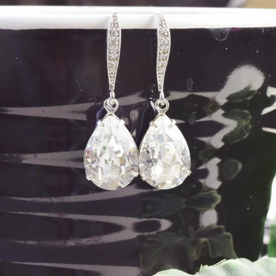 Wedding - Clear Earrings - Swarovski Earrings Silver -  White Bridal Earrings - Bridesmaid Jewelry - Wedding Jewelry - Crystal Drop Earrings