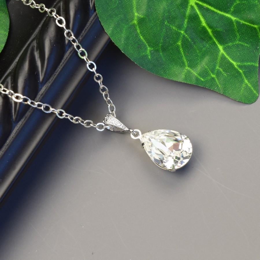 Hochzeit - Clear Crystal Necklace - Clear Swarovski Crystal Pendant Necklace - Bridesmaid Necklace - Crystal Teardrop Necklace - Bridesmaid Jewelry