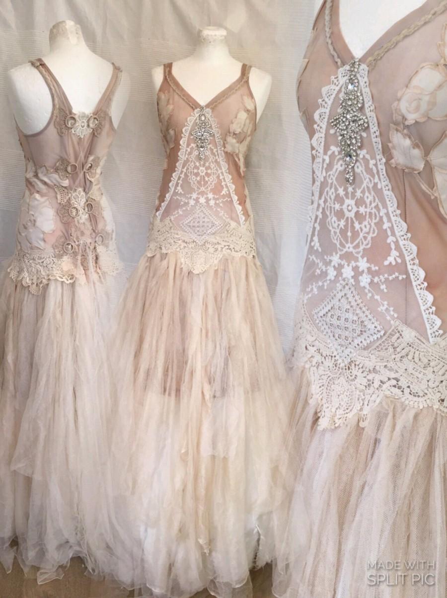 Mariage - Wedding dress rose goddess,ethereal wedding dress,bridal gown dusty rose and cream, magical wedding dress,bohemian wedding dress , rawrags