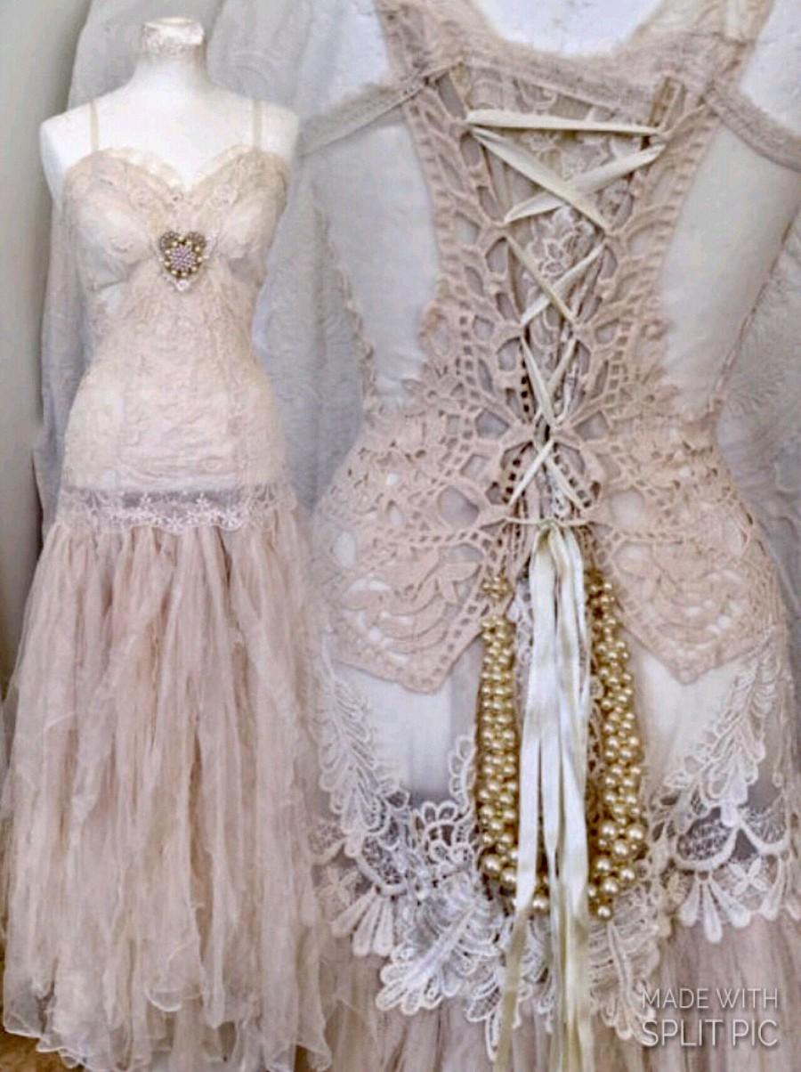 Mariage - Boho wedding dress rawrags lace,Lace wedding dress , unique Bridal gown,lace statement wedding dress,boho wedding dress pale pink,bridal gow
