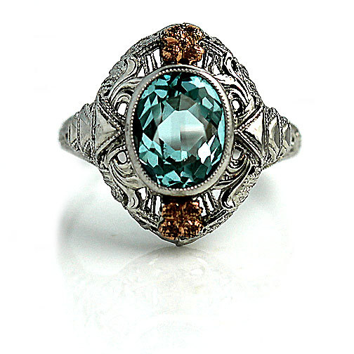 Wedding - Vintage Blue Zircon Ring Unique Engagement Ring 14 Kt  Two Tone Rose Gold Gold Art Deco Zircon Statement Ring 2.00 ct Size 6.25!