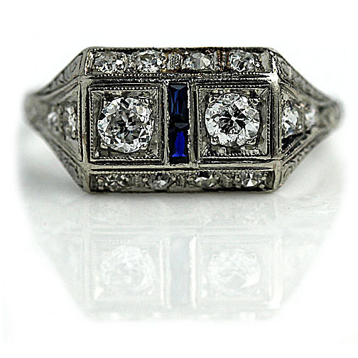 Wedding - Antique Engagement Ring Edwardian Diamond Sapphire Art Deco Ring .35 cttw Diamond Two Stone Synthetic Sapphire in Platinum Size 6!