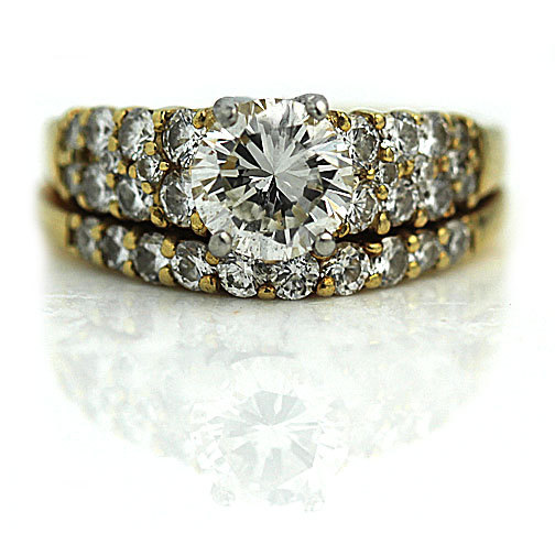 Wedding - Wedding Ring Set 2.01ctw Round Diamond Eternity Ring Set GIA Vintage 18K Yellow Gold Engagement Ring Bridal Jewelry Size 5!