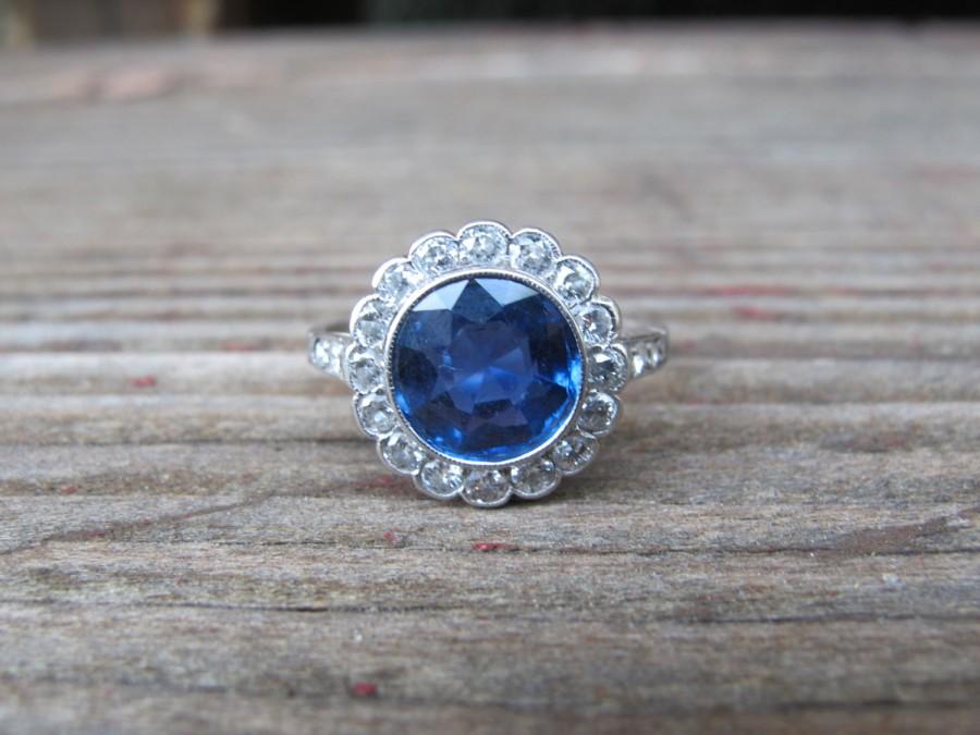 زفاف - Art Deco 2.00ct Sapphire and Diamond Halo Engagement Ring in 18k White Gold