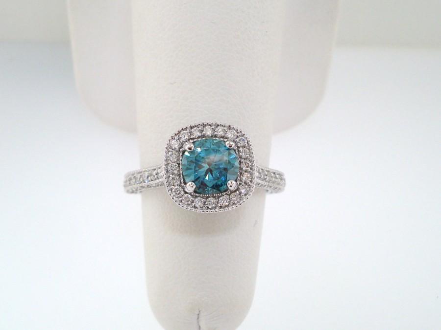 Hochzeit - 1.85 Carat Fancy Blue Diamond Engagement Ring, Wedding Ring 14k White Gold Halo Pave Certified Handmade