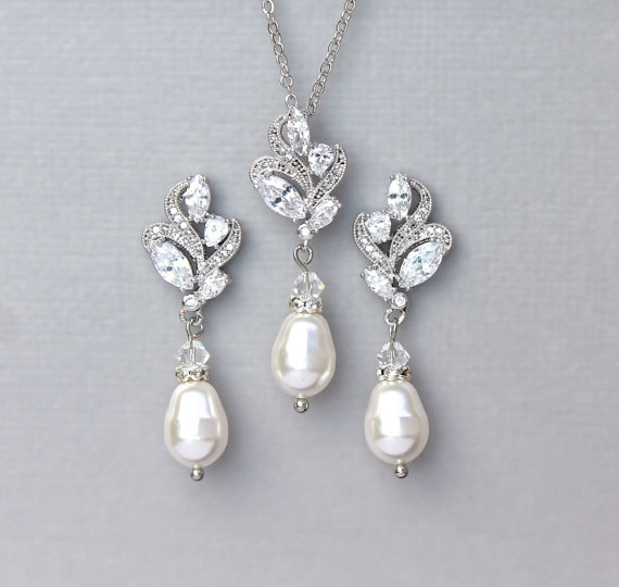 زفاف - Crystal and Pearl Bridal Set, Pearl Bridal Jewelry Set, White Gold/Rose Gold/18 K Gold options, Bridesmaid Pearl Jewelry Set, ZARA
