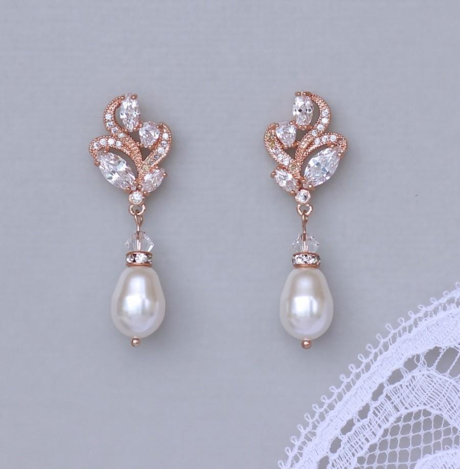 Hochzeit - Rose Gold Earrings, Bridal Earrings, Rose Gold Pearl Drop Earrings, Crystal Earrings, Bridal Jewelry, Wedding Jewelry, ZARA