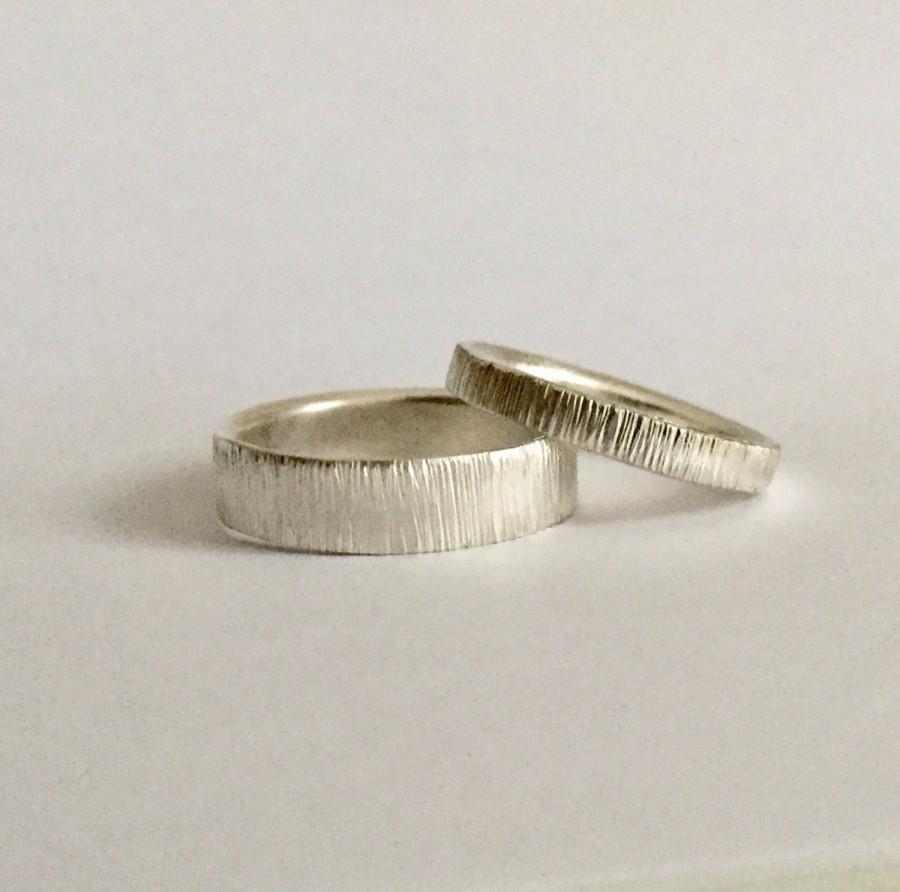 زفاف - Set of Two Tree Bark Rings - Solid Silver - Wedding Band - Men's Women's - Couple - Friendship - Unisex - Eco - 1234mm Wide - His Hers