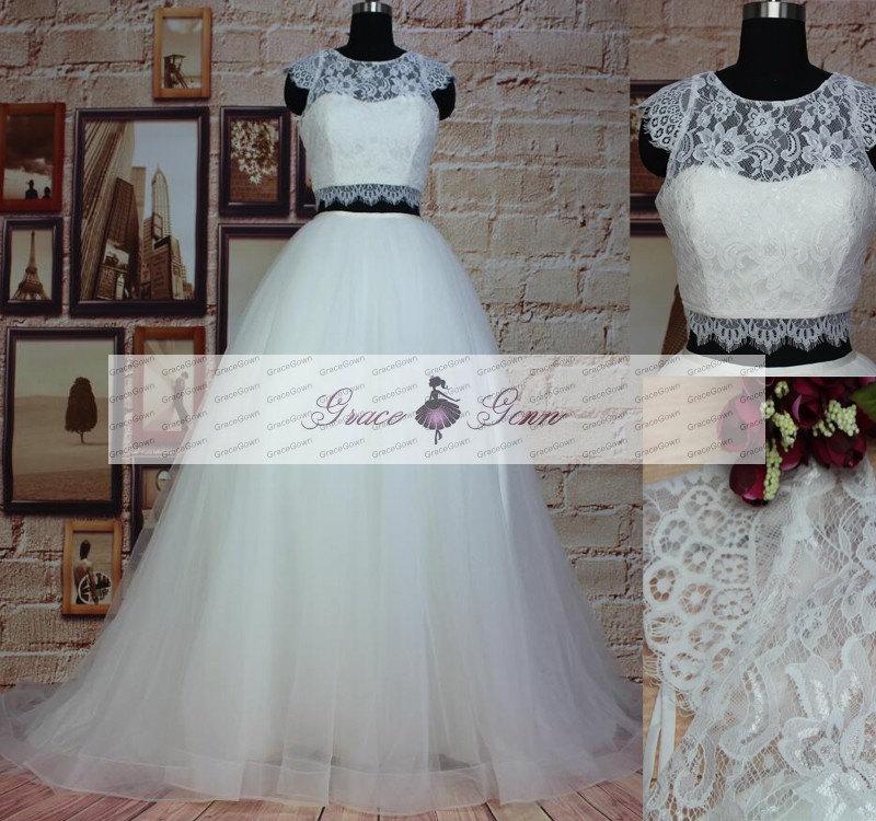 Mariage - Two Piece Wedding Dress 2017,Lace Bridal Dresses,Ball Gown Wedding Dress,Ivory Wedding Dress,Cap Sleeve Crop Top Wedding Dress,Bridal Gown
