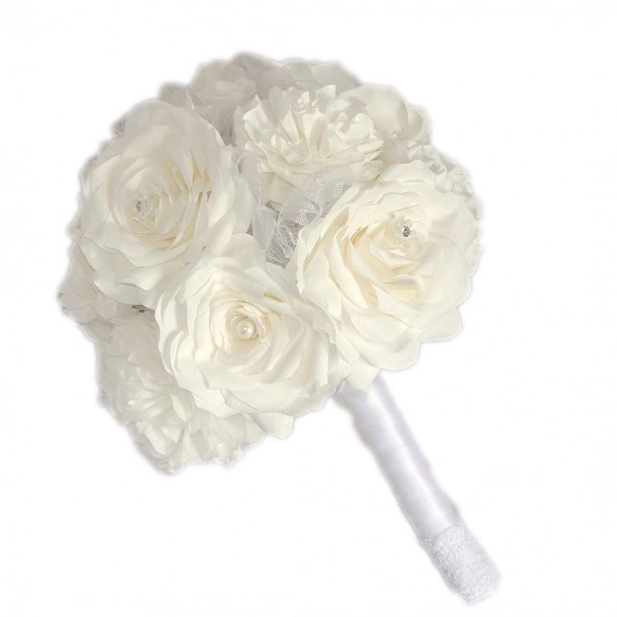 Hochzeit - White Bridal bouquet - Shabby chic bouquet - Lace and ribbon bouquet - Romantic wedding bouquet - Cottage chic bouquet -Custom color bouquet