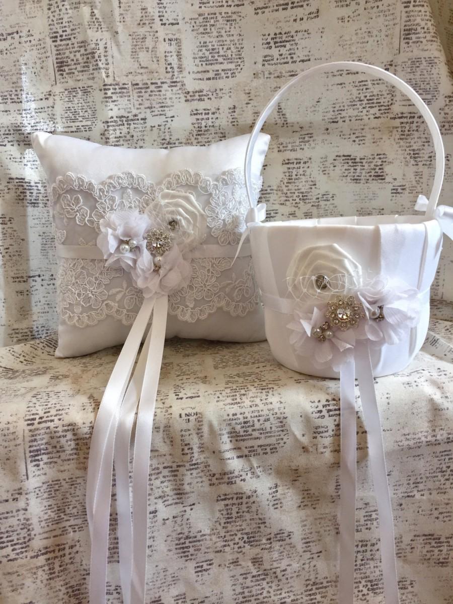 Hochzeit - Ring Bearer Pillow and Flower Girl basket, Flower girl basket, Lace ring bearer pillow, ring pillow, vintage flower girl basket