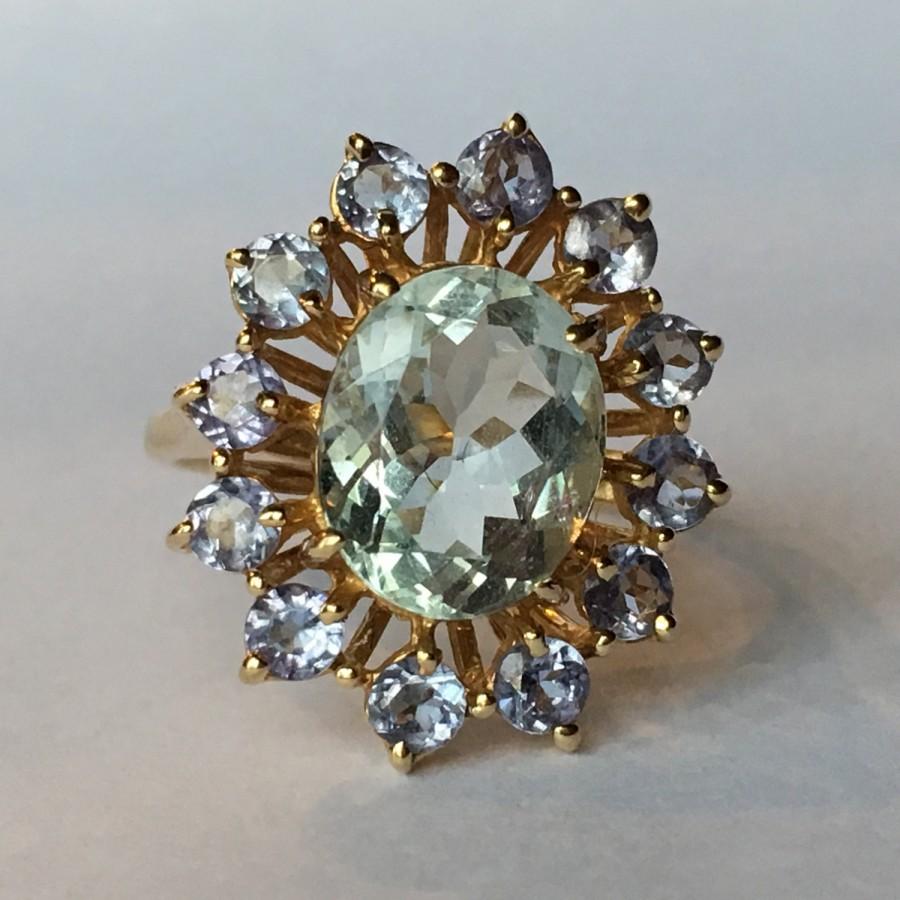 Wedding - Vintage Aquamarine Ring with Iolite Halo in a 10k Yellow Gold. Unique Engagement Ring. March Birthstone. 19th Anniversary. Estate Jewelry.