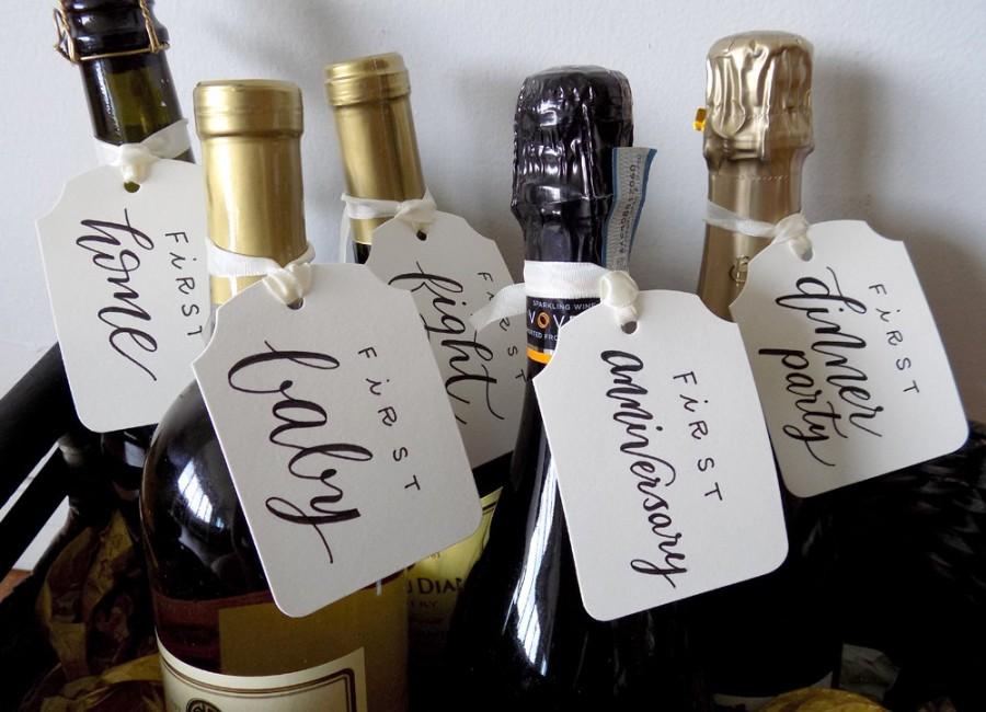 زفاف - Year of Firsts Wine Bottle Tags * Wedding, Bride, Bridal Shower, Bridesmaid, MOH, Calligraphy