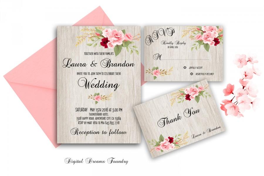 Mariage - Romantic Wedding Invitation, Floral Wedding, Boho Wedding Invitation Suite,  Rustic Boho Wedding Invite, Roses Wedding Invite, Digital File