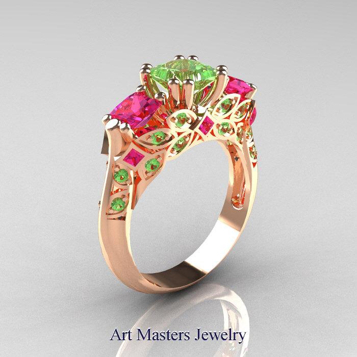 زفاف - Classic 18K Rose Gold Three Stone Princess Green Topaz Pink Sapphire Solitaire Engagement Ring R500-18KRGPSGT