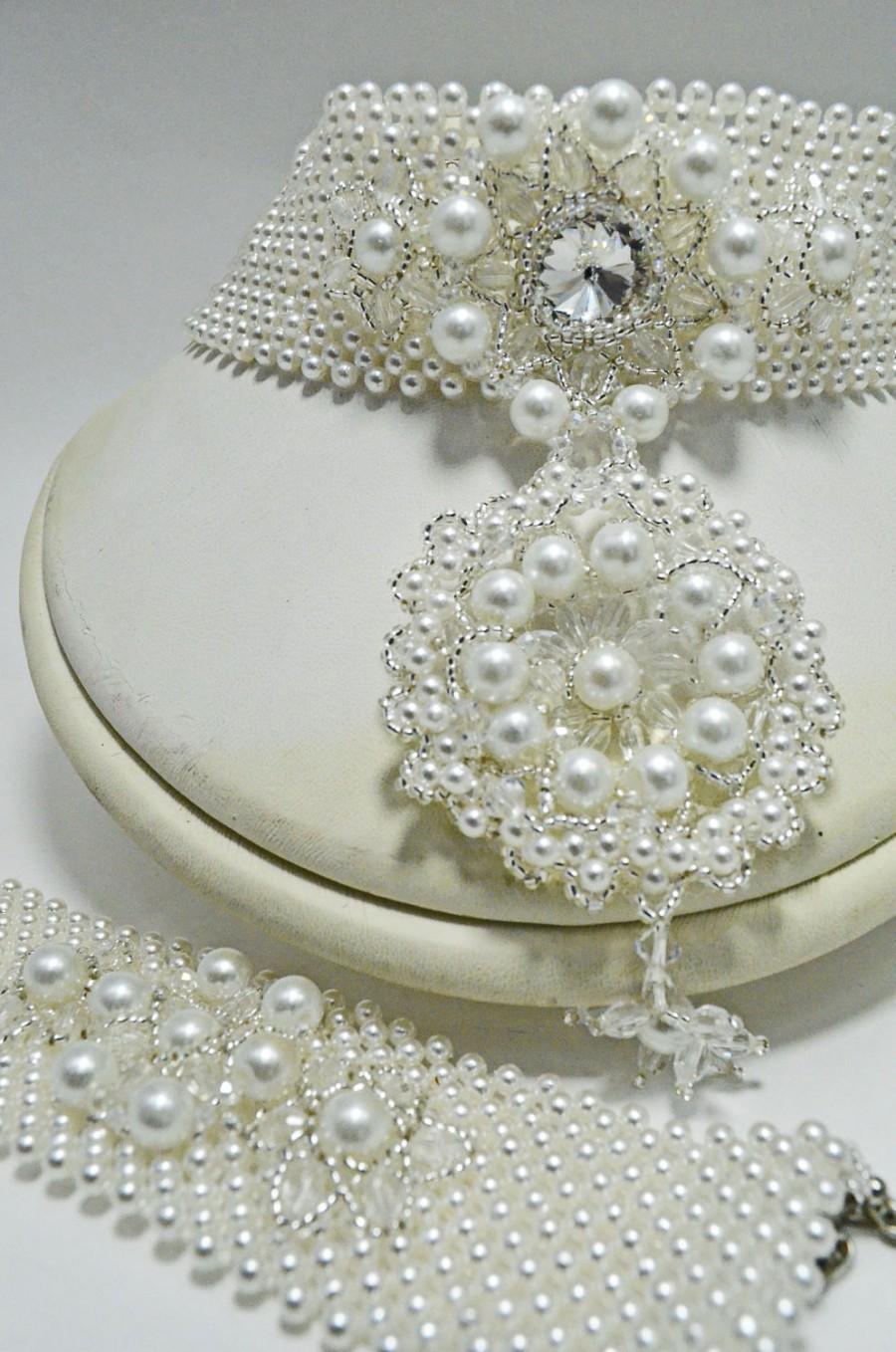 Wedding - White Pearl Statement Wedding Vintage Style Old Hollywood Bridal Set, Elegant Party Stylish Seed Beads Bridesmaids Pendant Choker Bracelet